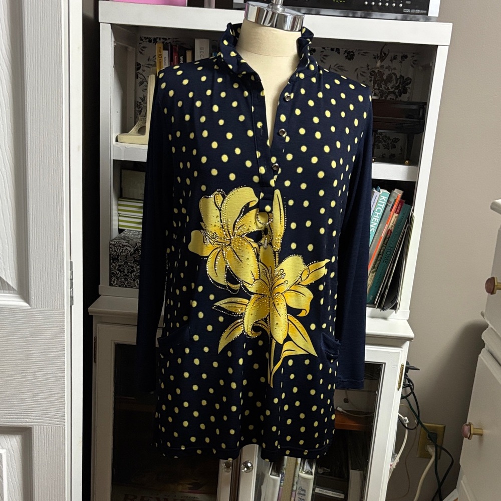 Navy Polka Dot Top with Yellow Floral Design